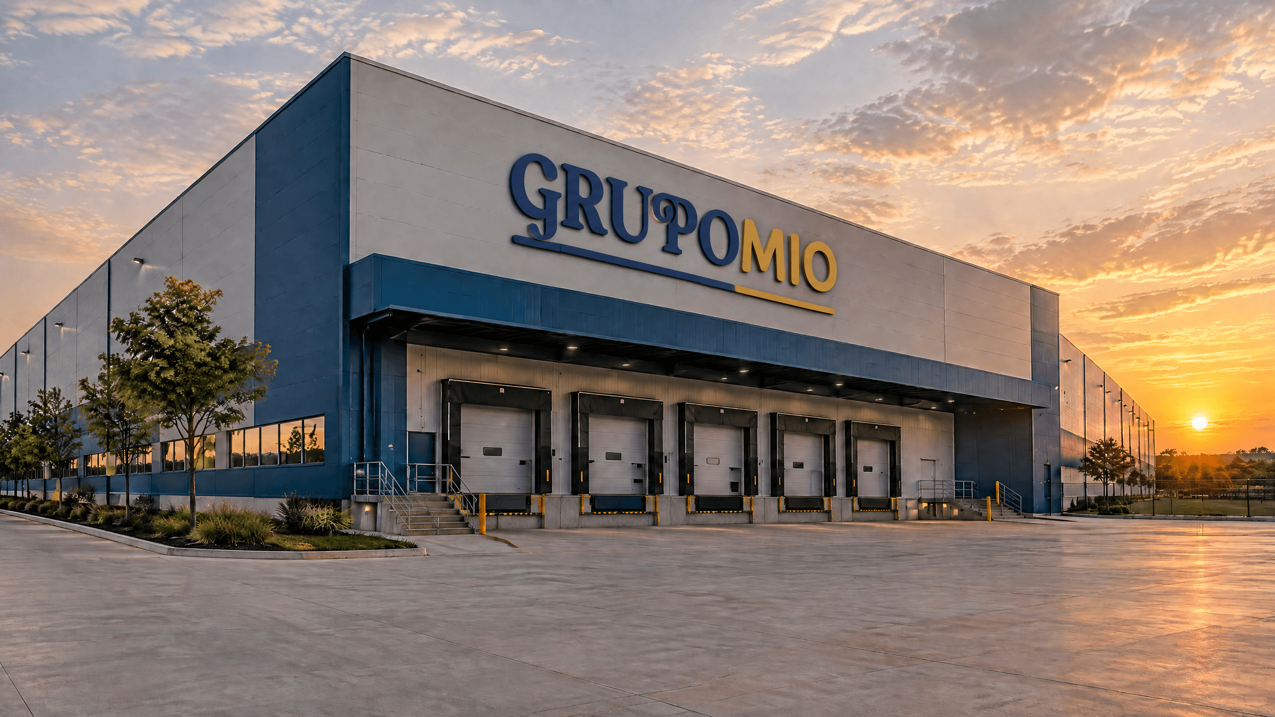 Fachada da fábrica GrupoMio ao pôr do sol